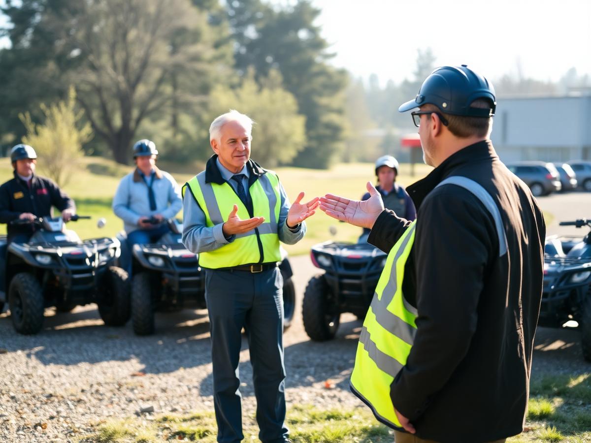 Guide bei der Einweisung einer Firmengruppe vor den Quads