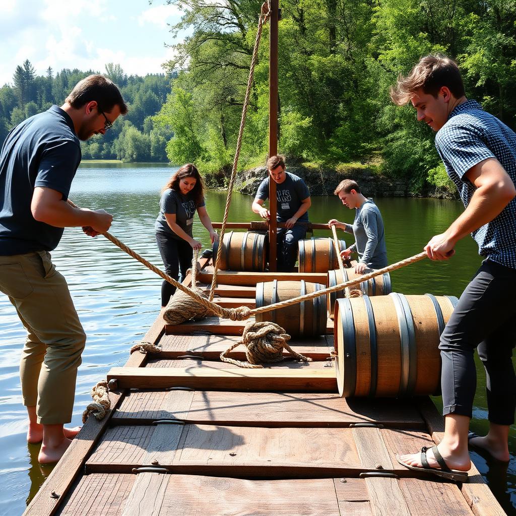 Team baut gemeinsam ein Floß am See