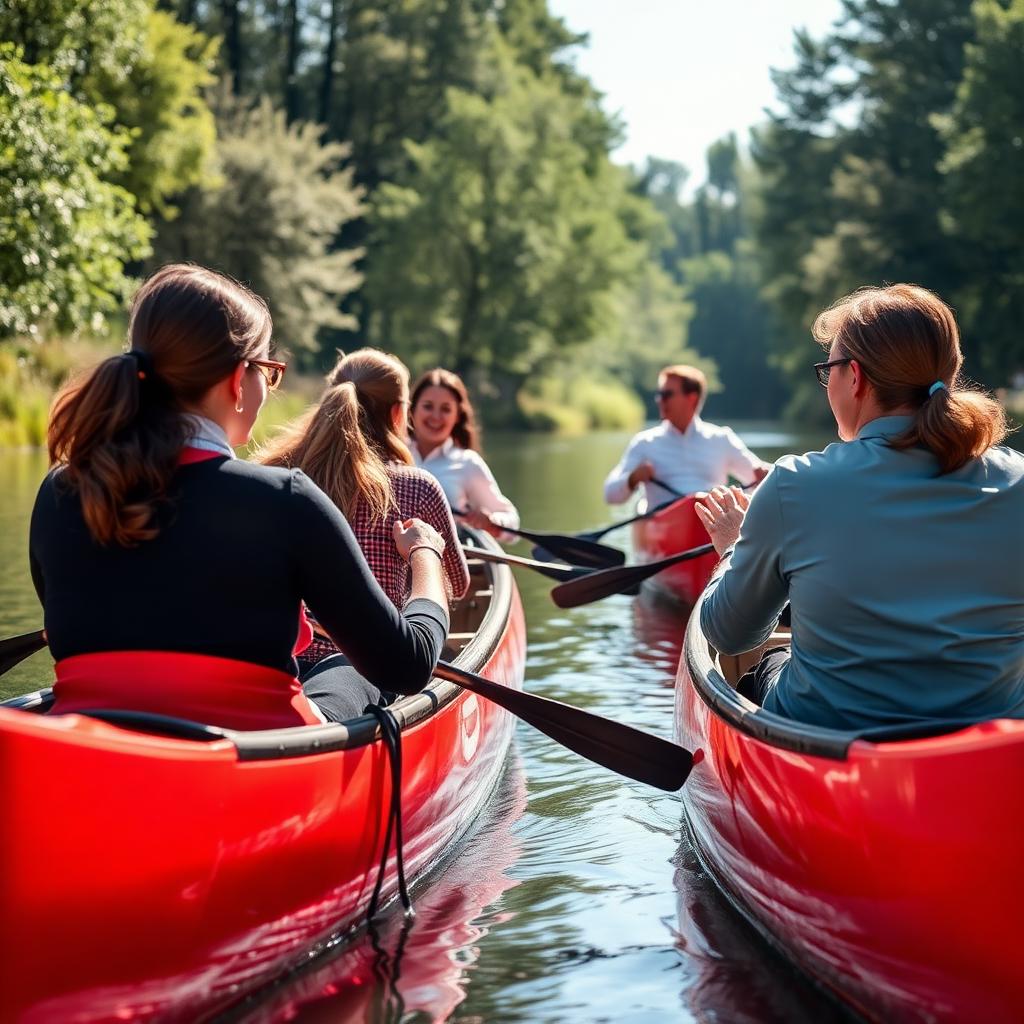 Firmengruppe beim Kanufahren auf einem Fluss